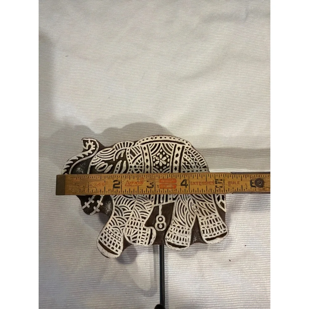World Market Hand Carved Wood Elephant Wall Hook Brown White Block Print Design